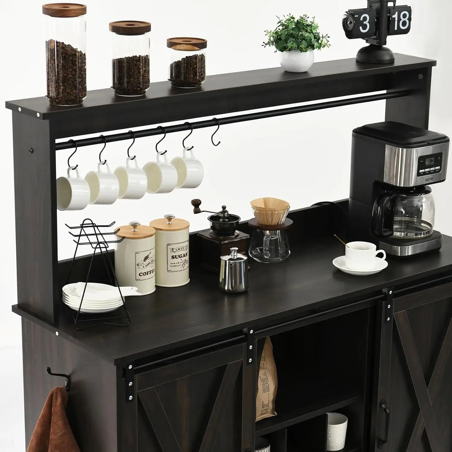Farmhouse Coffee Bar Cabinet with  Hooks Liquor Wine Bar  Racks Kitchen Buffet Storage Adjustable Shelves for Living Dining Room