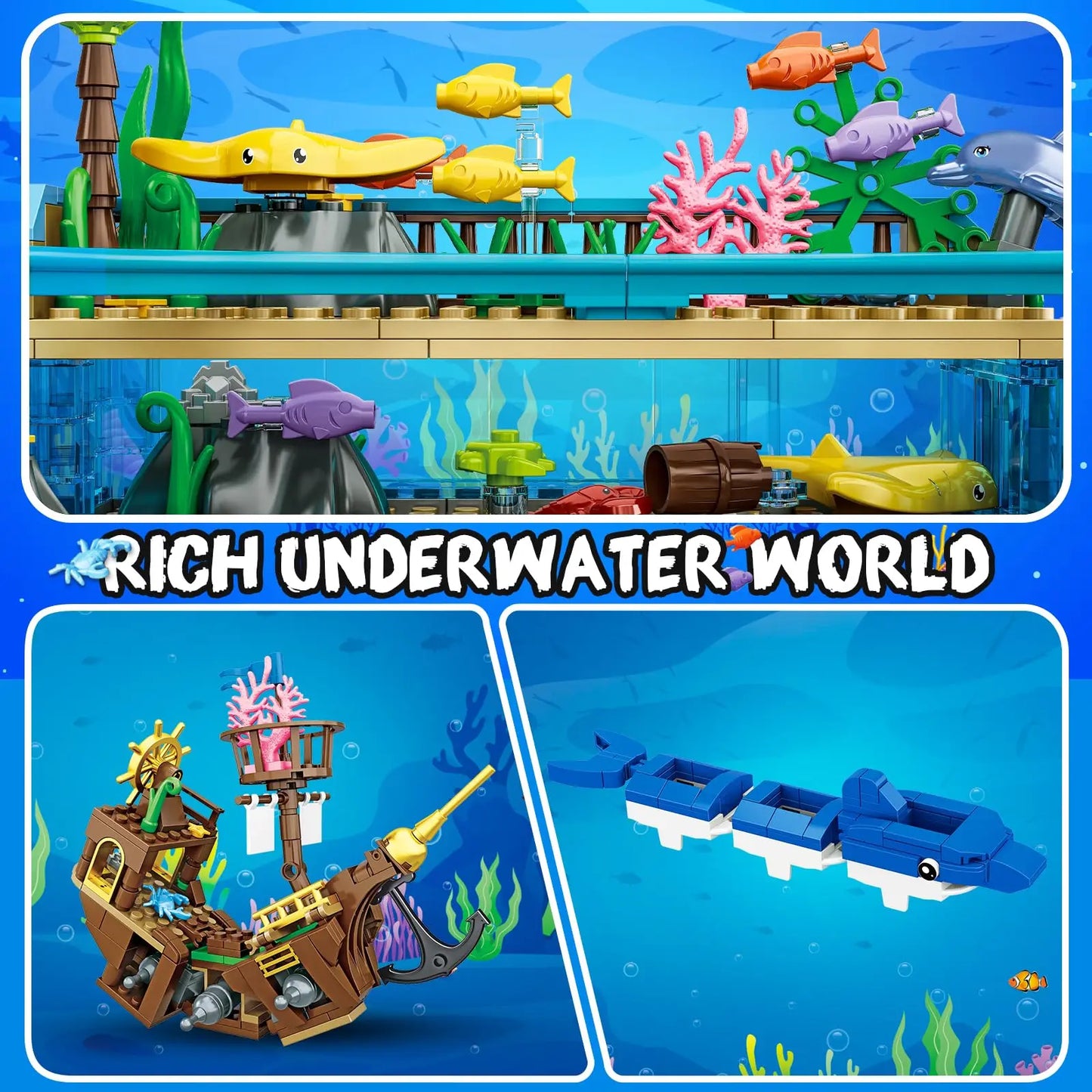 HOGOKIDS Ocean Roller Coaster Building Set- Aquarium with Pirate Ship & Dolphin Railcar Undersea Amusement Park Gift for Kids 6+