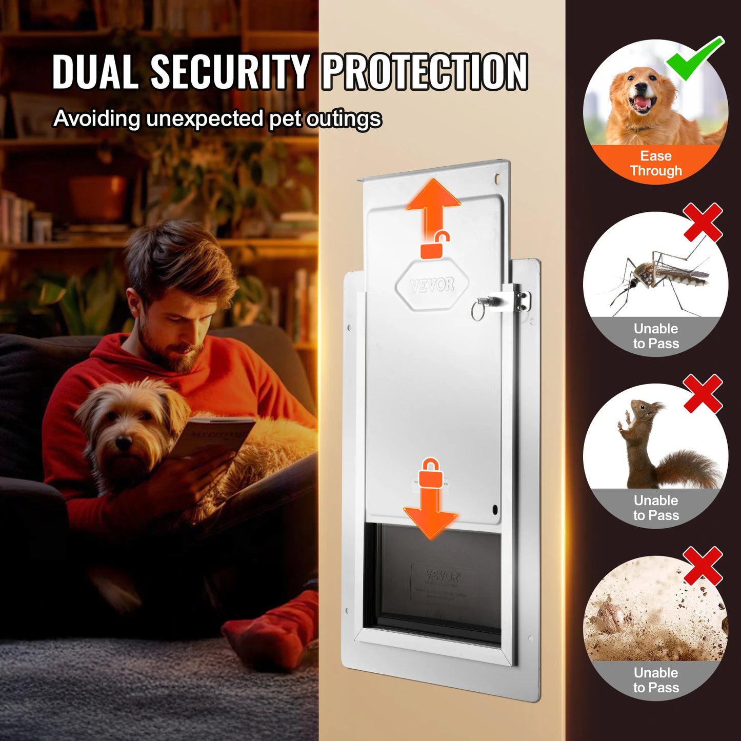 VEVOR Pet Door Metal Frame with Lock and 3-Flap System Weatherproof Doggy Door Easy to Install in Interior or Exterior Walls