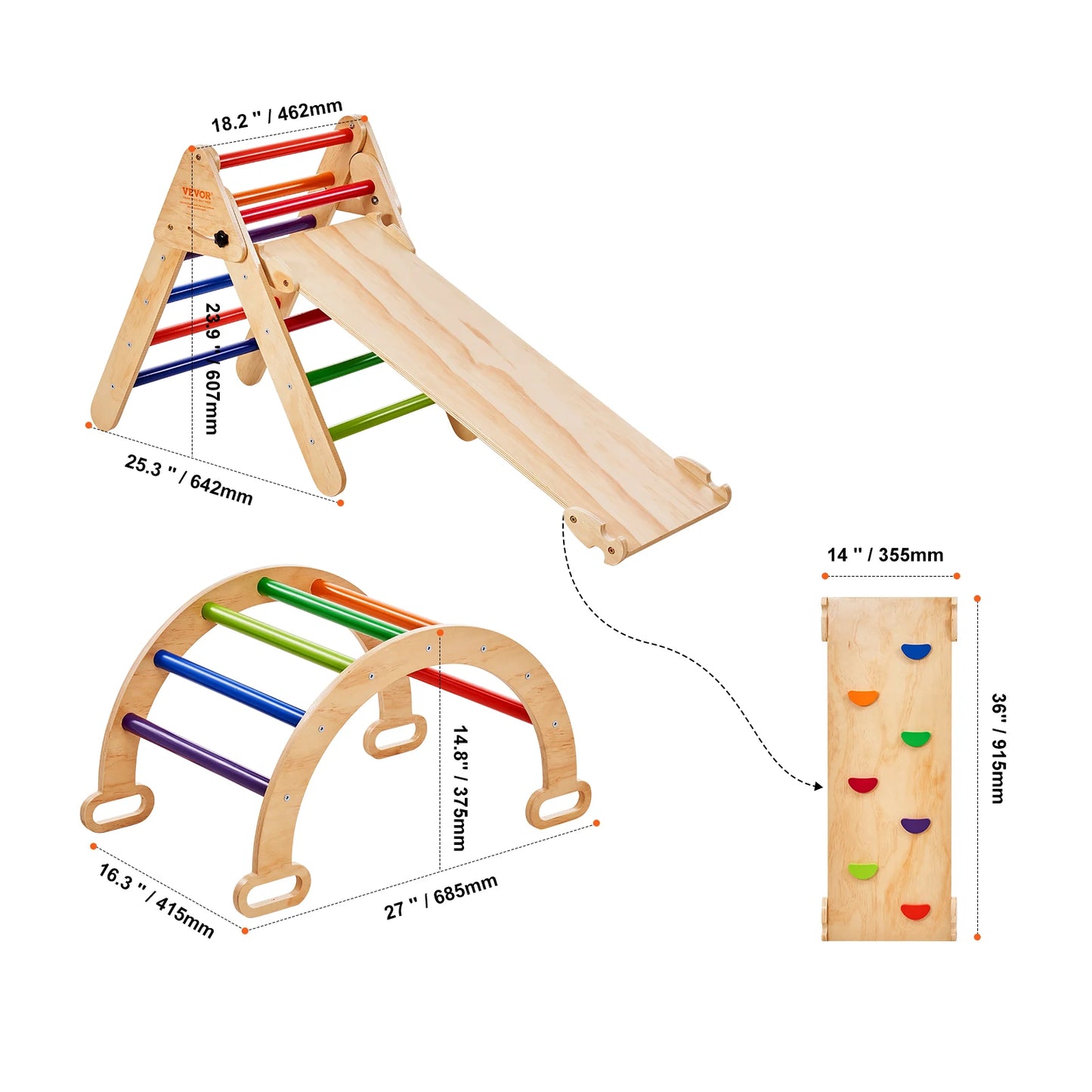 VEVOR Pikler Triangle Set 5 in 1 Toddler Climbing Toys Indoor Playground for Toddlers 1-3 Years Large Size Wooden Climbing Set