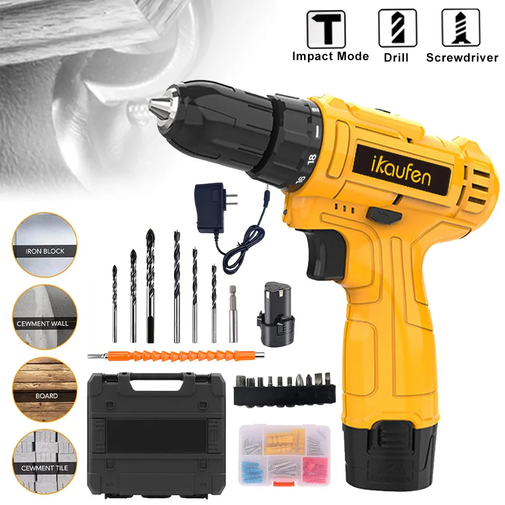 21V Cordless Impact Drill Driver Set Charger Included Electric Screwdriver Tool Kit 3 Variable Speeds 25+1 Torque Settings