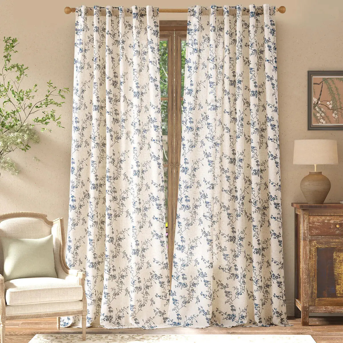 JINCHAN 2 Panels Linen Curtains For Living Room Bedroom French Country Farmhouse Flower Patterned Drapes Back Tab Window Curtain