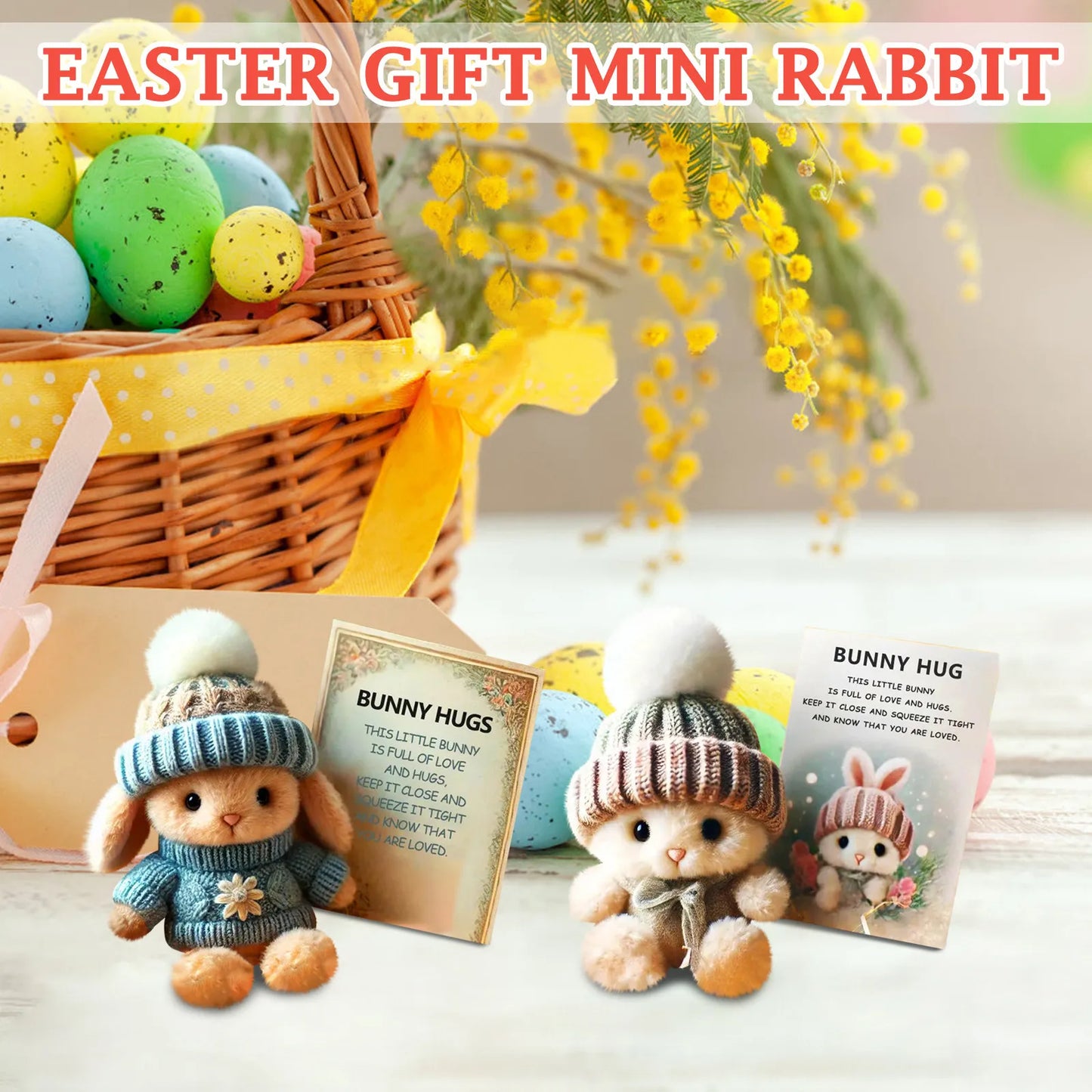 Mini Bunny Hug Doll Easter With Knitted Hat Plush Stuffed Rabbit Doll Emotional Support Animal With Gift Box Inspirational Card