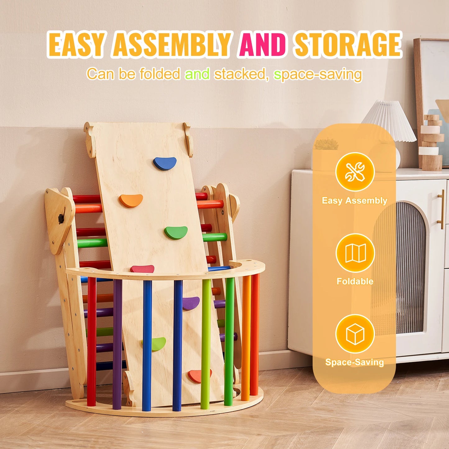 VEVOR Pikler Triangle Set 5 in 1 Toddler Climbing Toys Indoor Playground for Toddlers 1-3 Years Large Size Wooden Climbing Set