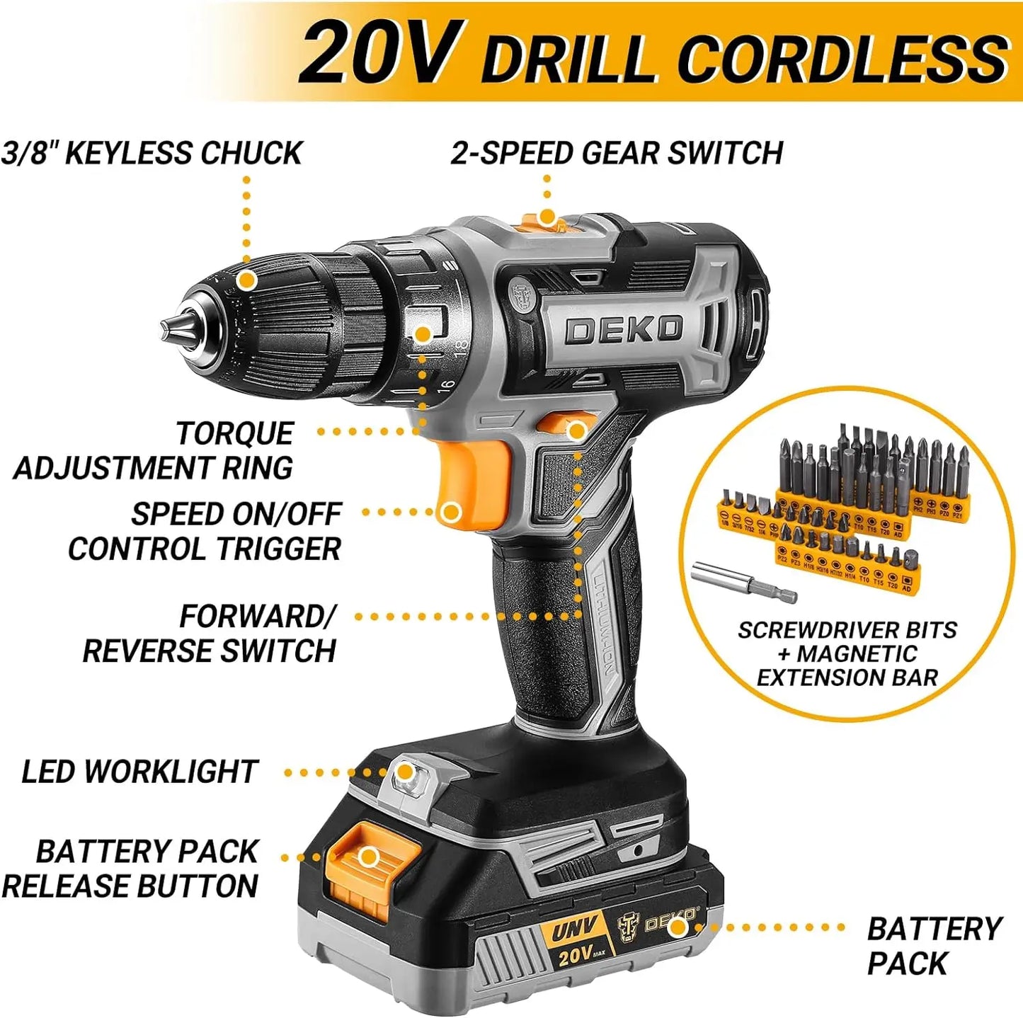 DEKO Cordless Drill Tool Kit Set: 20V Power Drill Tool Box with Battery Electric Drill Driver