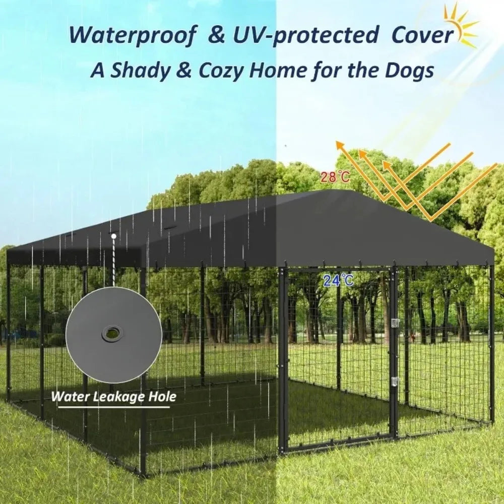 Large Dog Kennel Outdoor with Waterproof Roof Cover, Dog Cage Heavy Duty Dog Enclosures W/Upgraded Metal Mesh and Door Locks