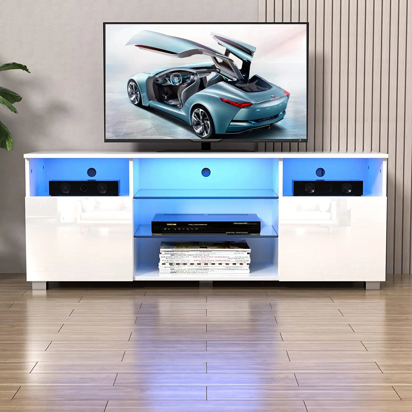 LED TV Stand Modern High Glossy Entertainment Center TV Shelf with Storage Cabinet with Double Barn Doors 57/65/71/81/87In
