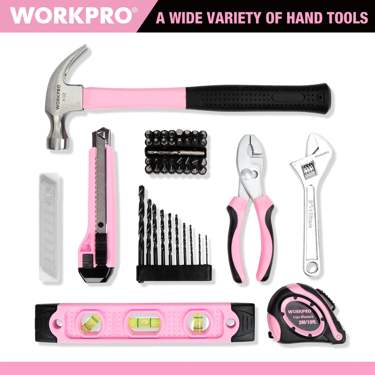 WORKPRO 12V Pink Cordless Electriced Drill Driver Tool Set With 61PCS Home Tool Kit for Home Repair