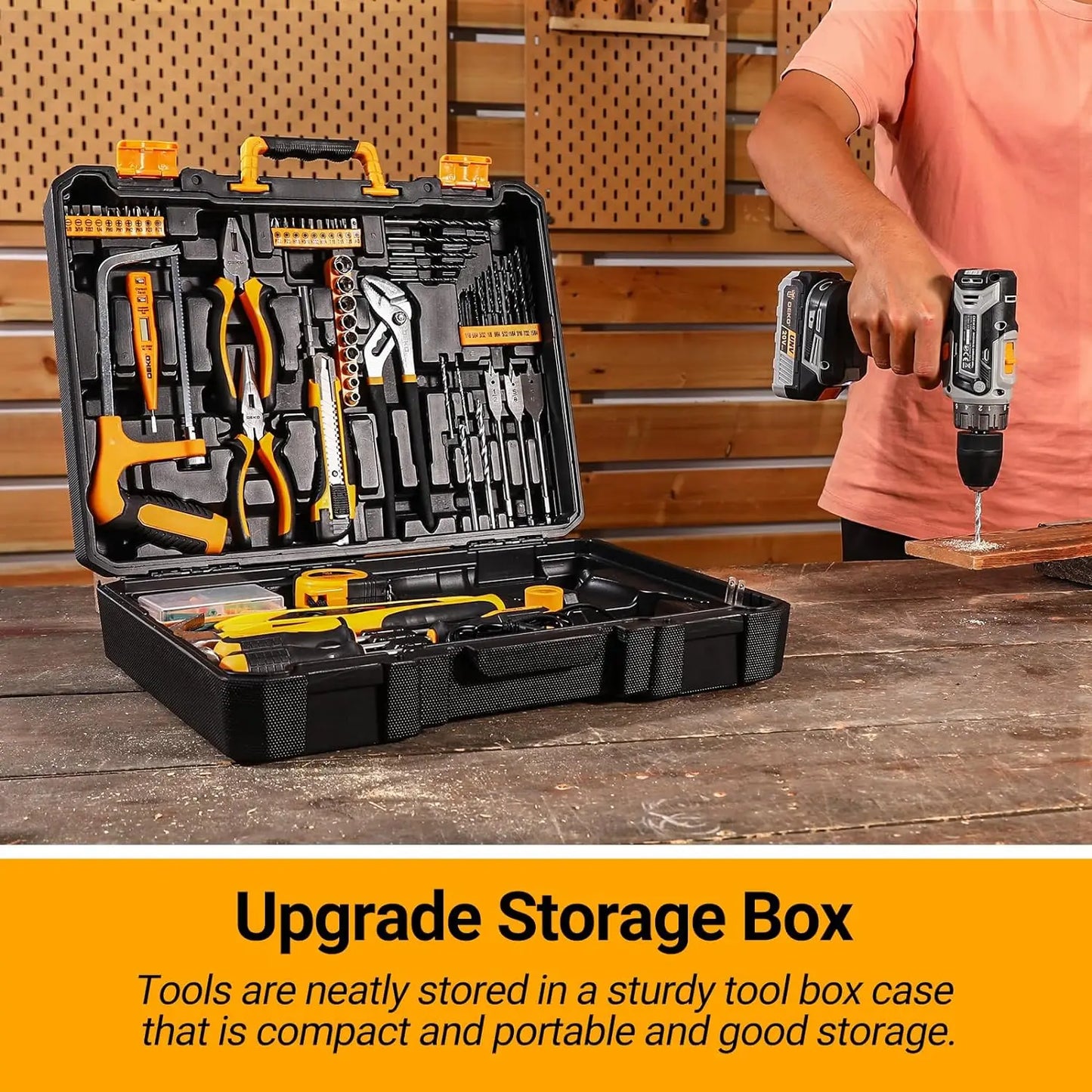 DEKO Cordless Drill Tool Kit Set: 20V Power Drill Tool Box with Battery Electric Drill Driver