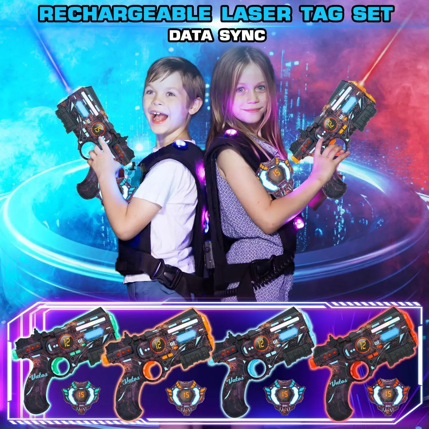 VATOS Rechargeable Health-value Data SYNC Laser Tag Gun Infrared Laser Tag Sets 4 Vest Glowing Light Lazer Tag Game for Adults f