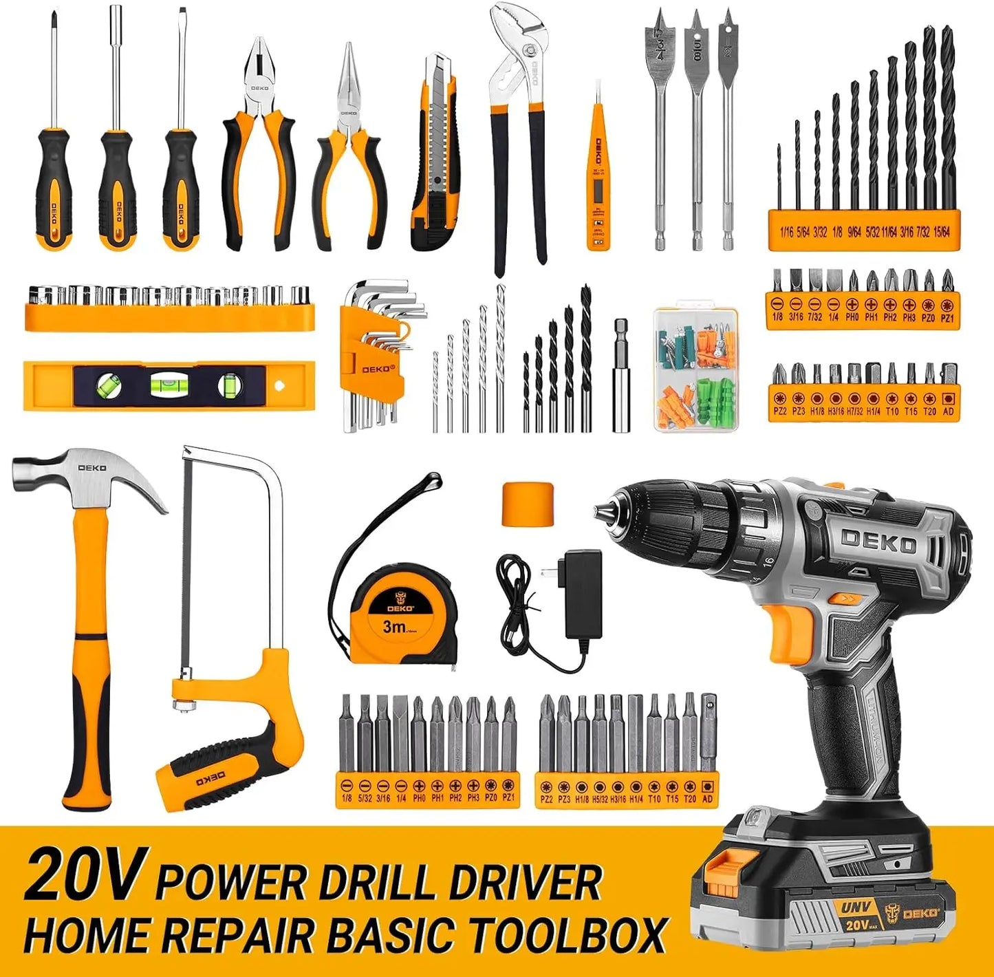 DEKO Cordless Drill Tool Kit Set: 20V Power Drill Tool Box with Battery Electric Drill Driver