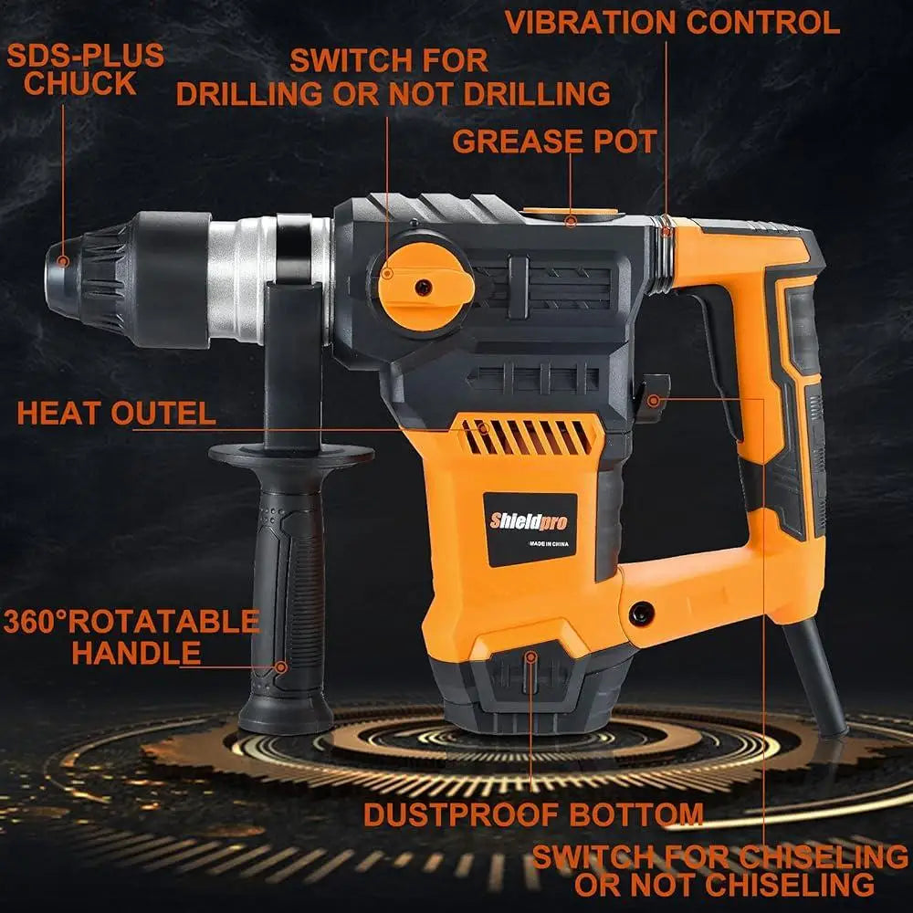 13 Amp SDS-Plus Rotary Hammer Drill Heavy Duty Vibration Control 3 Function Modes Chisel Bits Tool Masonry Concrete Metal