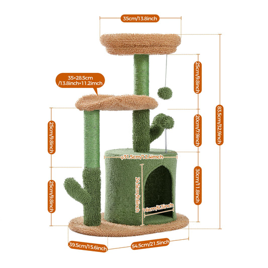 Cactus Cat Tree with Curved Perch Cozy Cat Condo Small Cat Tower with Removable Top Bed Cat Scratching Post for Indoor Cat Toys