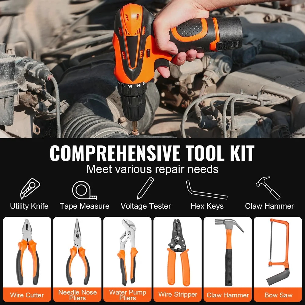 146 Piece Tool Kit Set Electric Drill Household Repair Tools Ergonomic Durable Steel Construction Portable Case DIY Projects