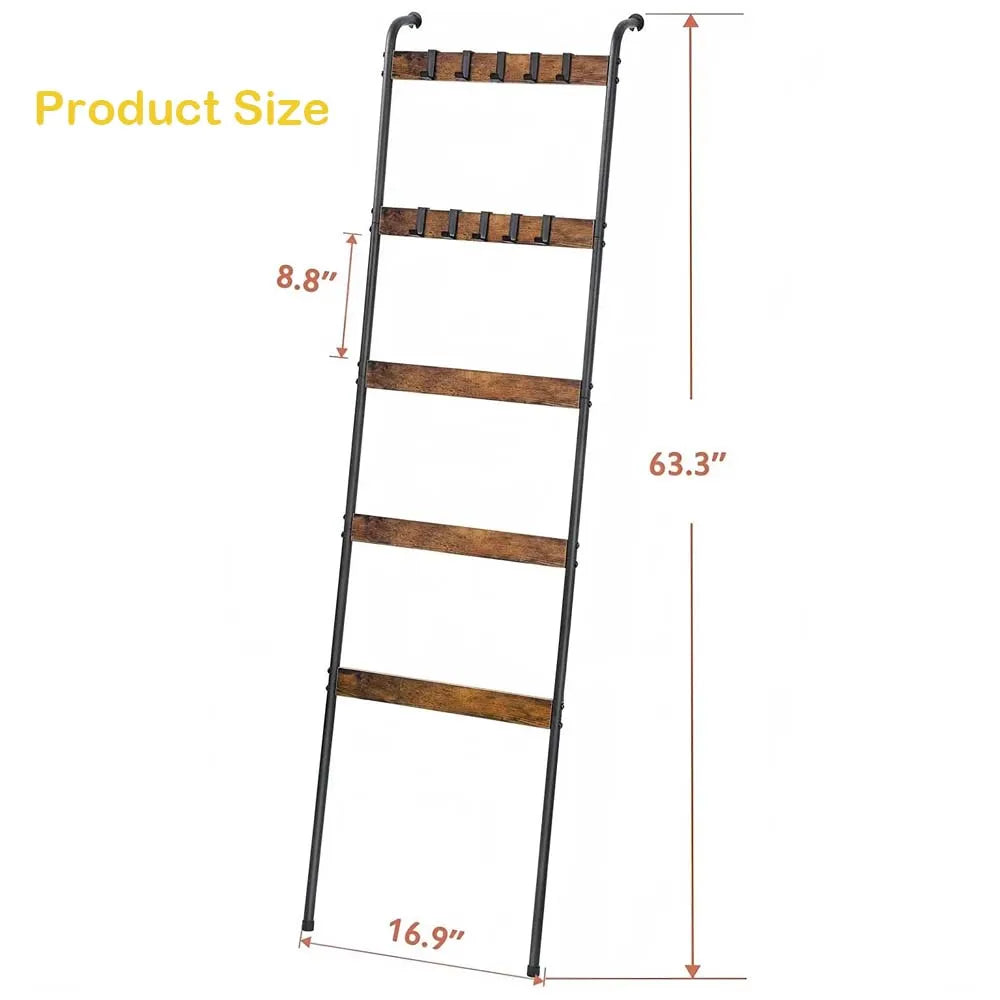 Rustic Brown 5-Tier Blanket Ladder with 10 Hooks - Wall-Leaning Storage for Living Room, Bedroom & Bathroom