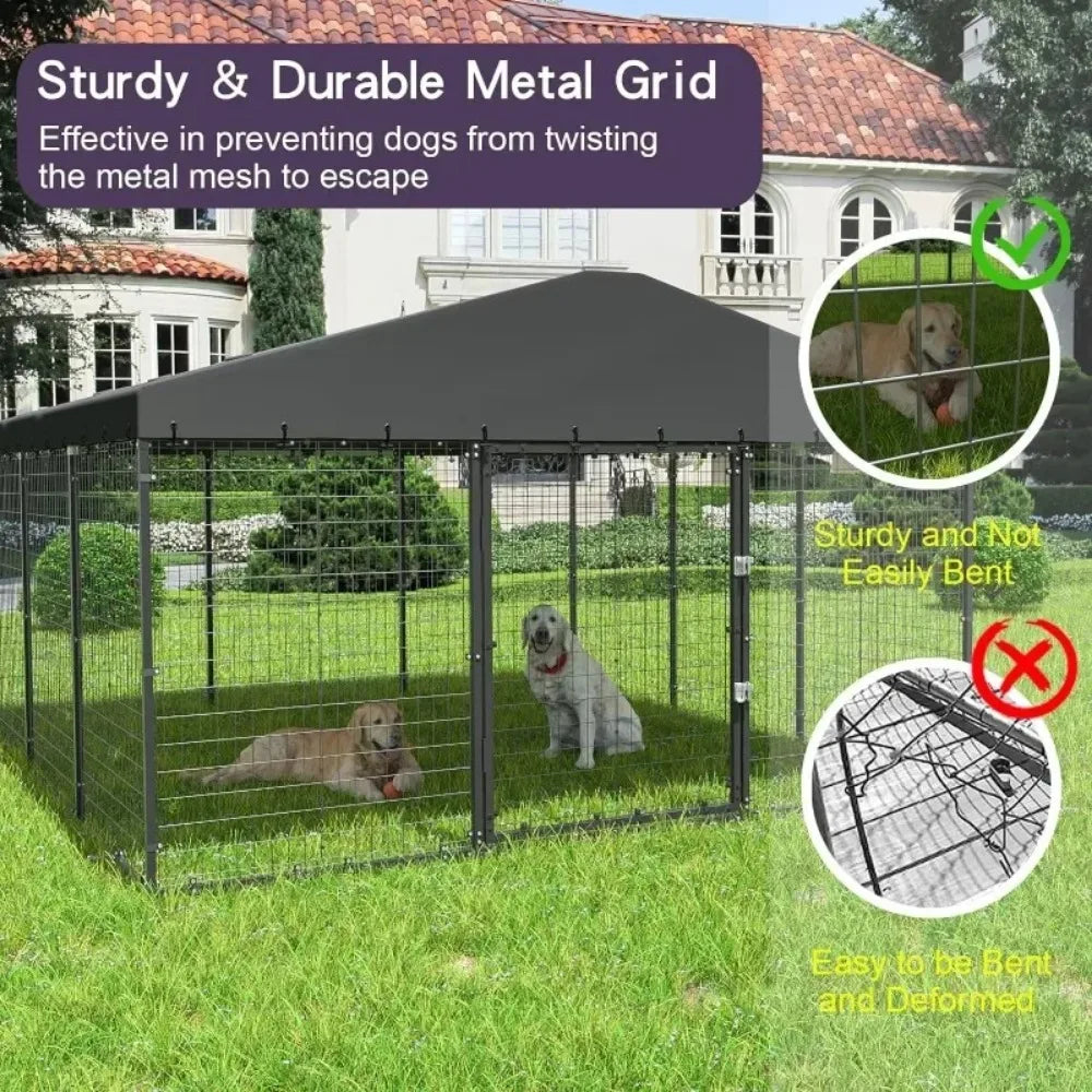 Large Dog Kennel Outdoor with Waterproof Roof Cover, Dog Cage Heavy Duty Dog Enclosures W/Upgraded Metal Mesh and Door Locks