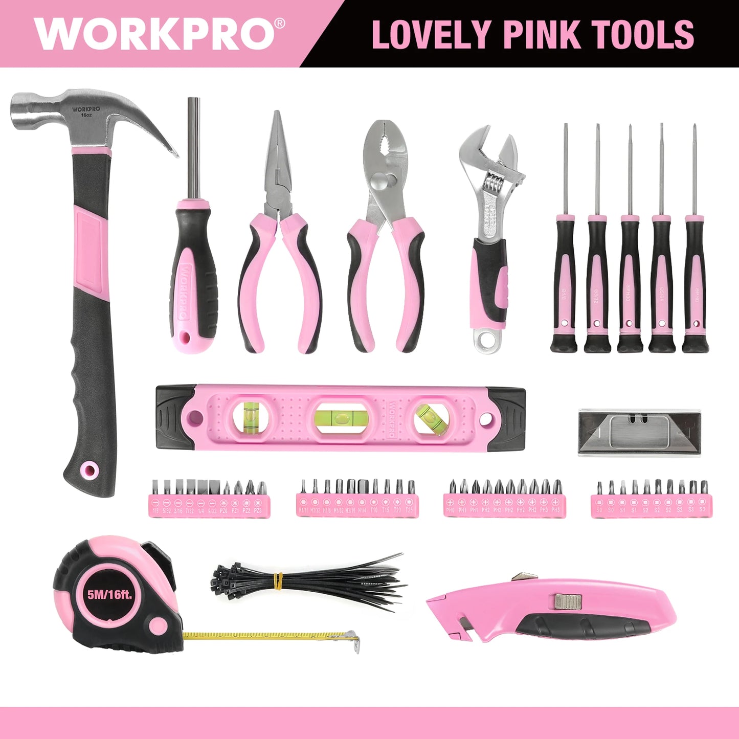 WORKPRO Pink Tool Kit - 236 Pieces Pink Tool Set with Easy Carrying Round Pouch, Household Tool Kit Perfect for DIY, Home Mainte