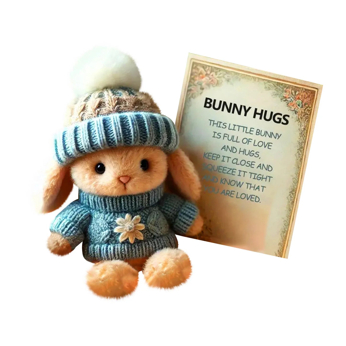 Mini Bunny Hug Doll Easter With Knitted Hat Plush Stuffed Rabbit Doll Emotional Support Animal With Gift Box Inspirational Card