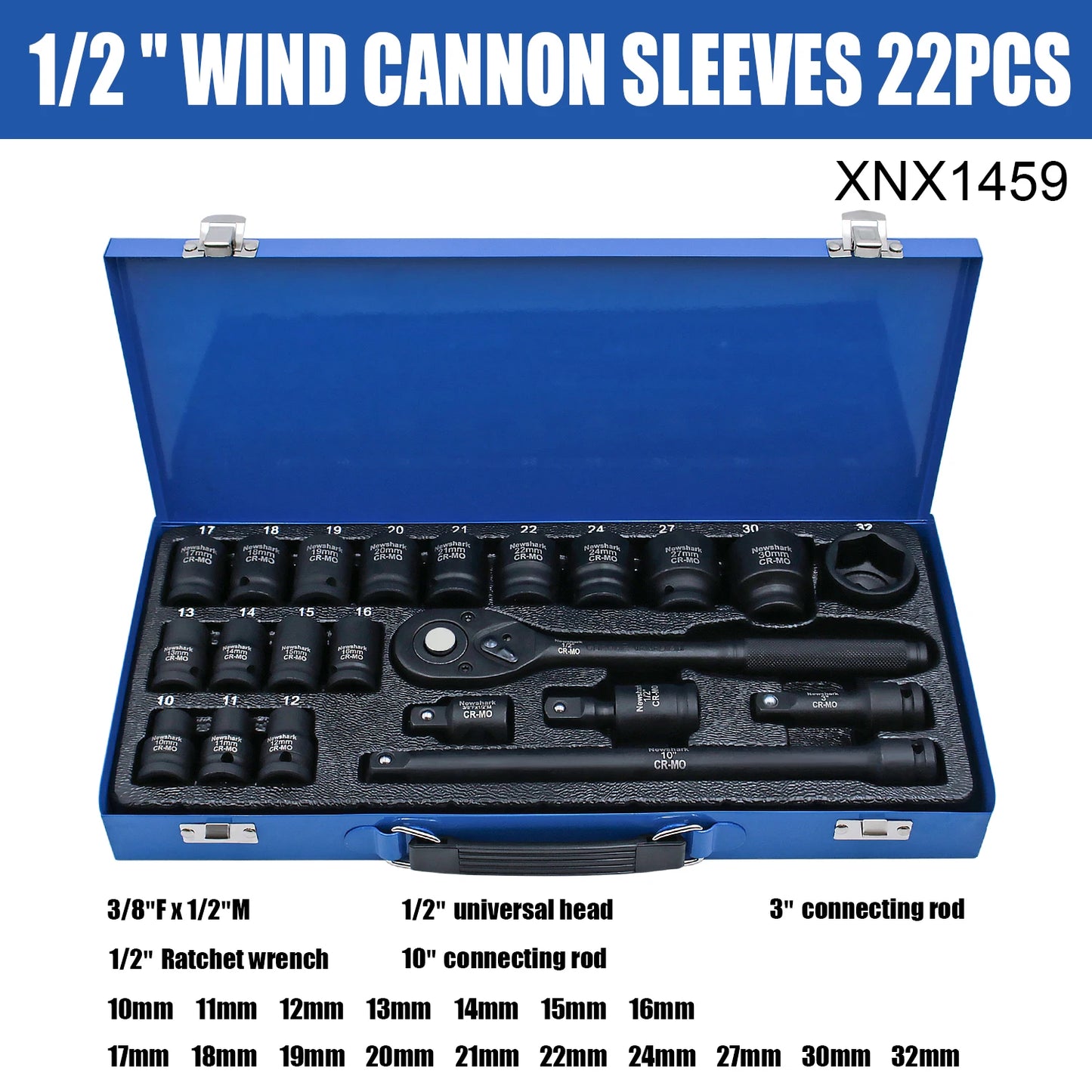 22PCS Drive Socket Wrench Set,1/2-Inch Impact Socket Set,6 Point,Metric Size(10-32mm),Quick Release Ratchet,Repairing Tool