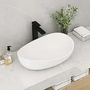Oval Stone Resin Vessel Sink Matte White With Pop Up Drain