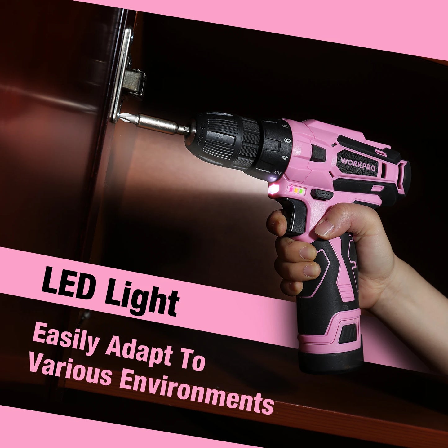 WORKPRO 12V Pink Cordless Electriced Drill Driver Tool Set With 61PCS Home Tool Kit for Home Repair