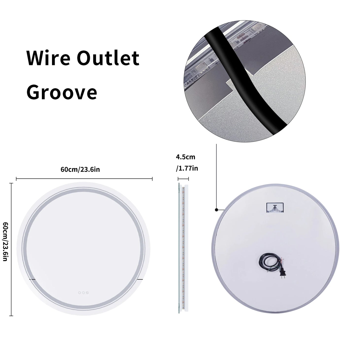 LED Round Wall Mirror 600 800 900mm Front Light Backlit 3 Color