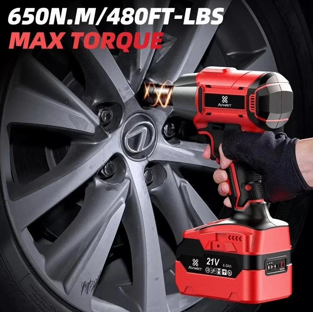 Brushless 1/2" 4.0Ah Heavy Duty Electric Impact Wrench 650N.M Ratchet Nut Gun Cordless For Cay Tyre Wheel Removal Electric Tools