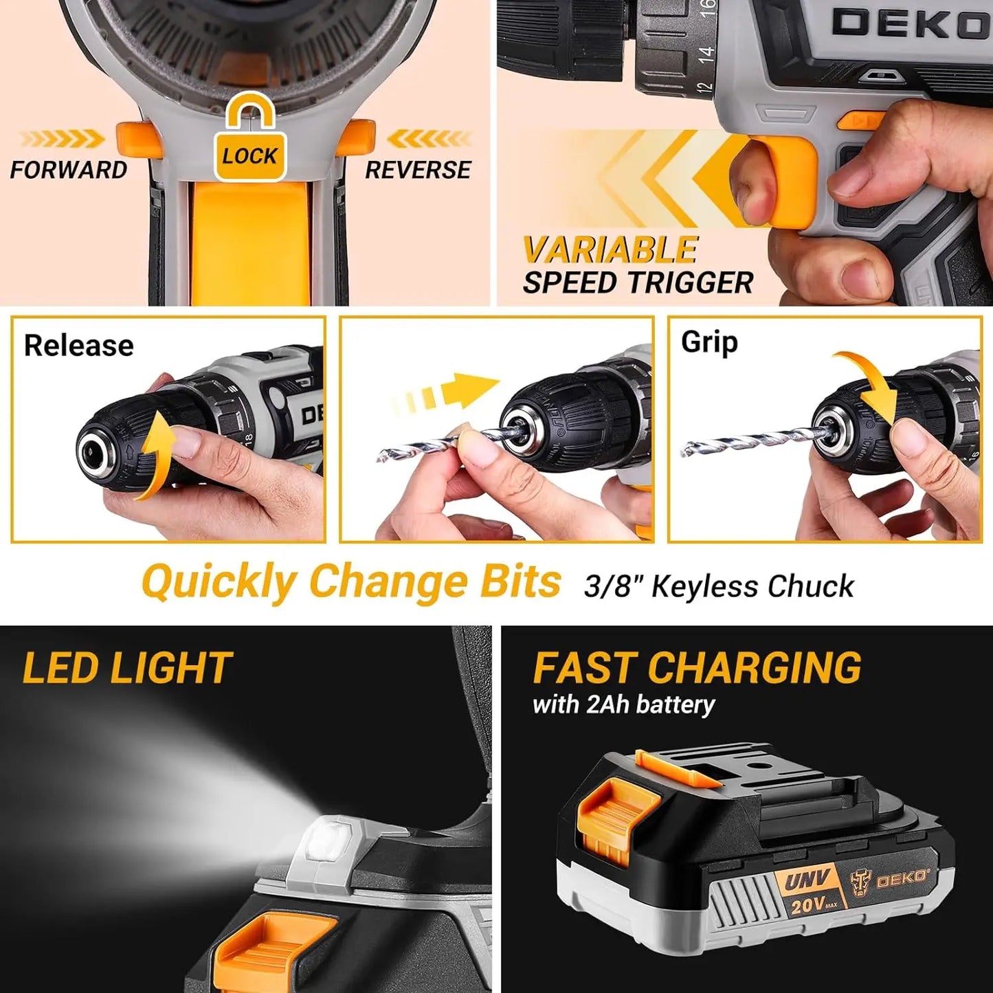 DEKO Cordless Drill Tool Kit Set: 20V Power Drill Tool Box with Battery Electric Drill Driver