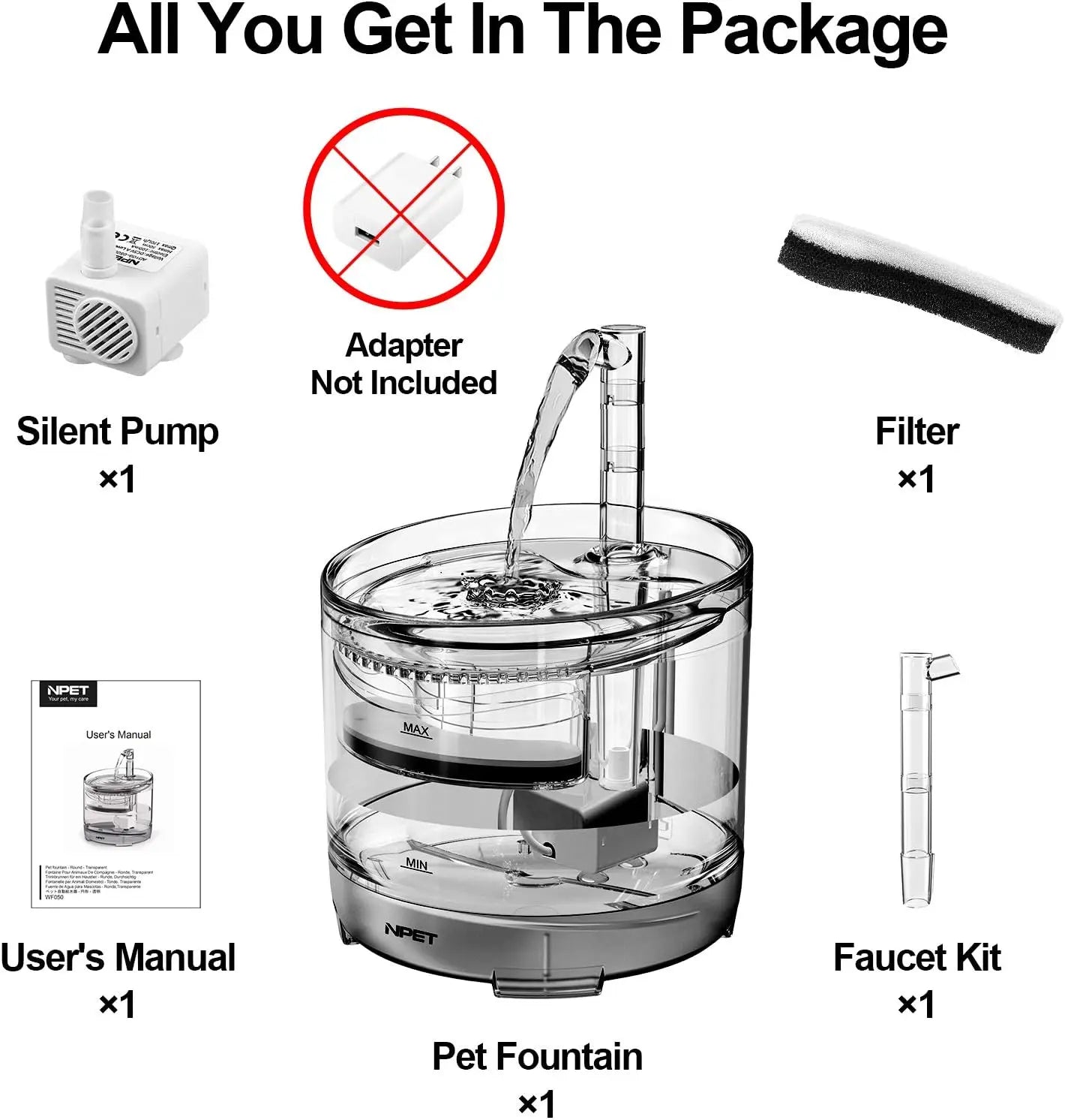 NPET Cat Water Fountain WF050TP 1.5L Automatic Pet Drinking Fountain with Replacement Faucet Kit