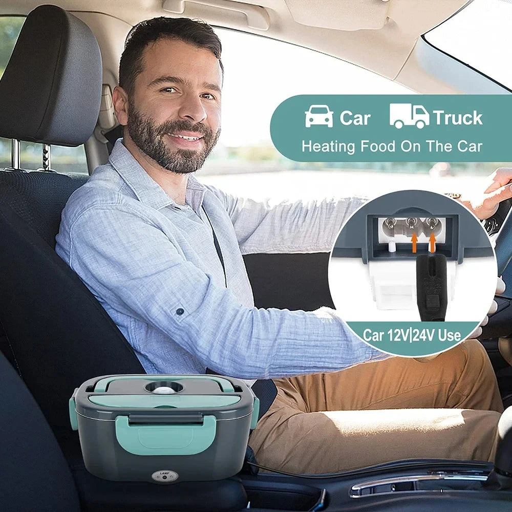 2-In-1 Electric Heating Lunch Box Portable Stainless Steel Liner Bento Lunchbox Food Container Bento Box for Car + Home 12V 110V