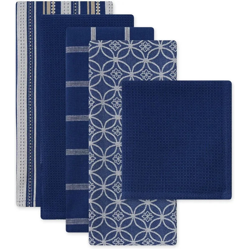 Assorted Woven Kitchen Set, Dishtowel, 18x28, Dishcloth, 13x13, Nautical Blue, 5 counts
