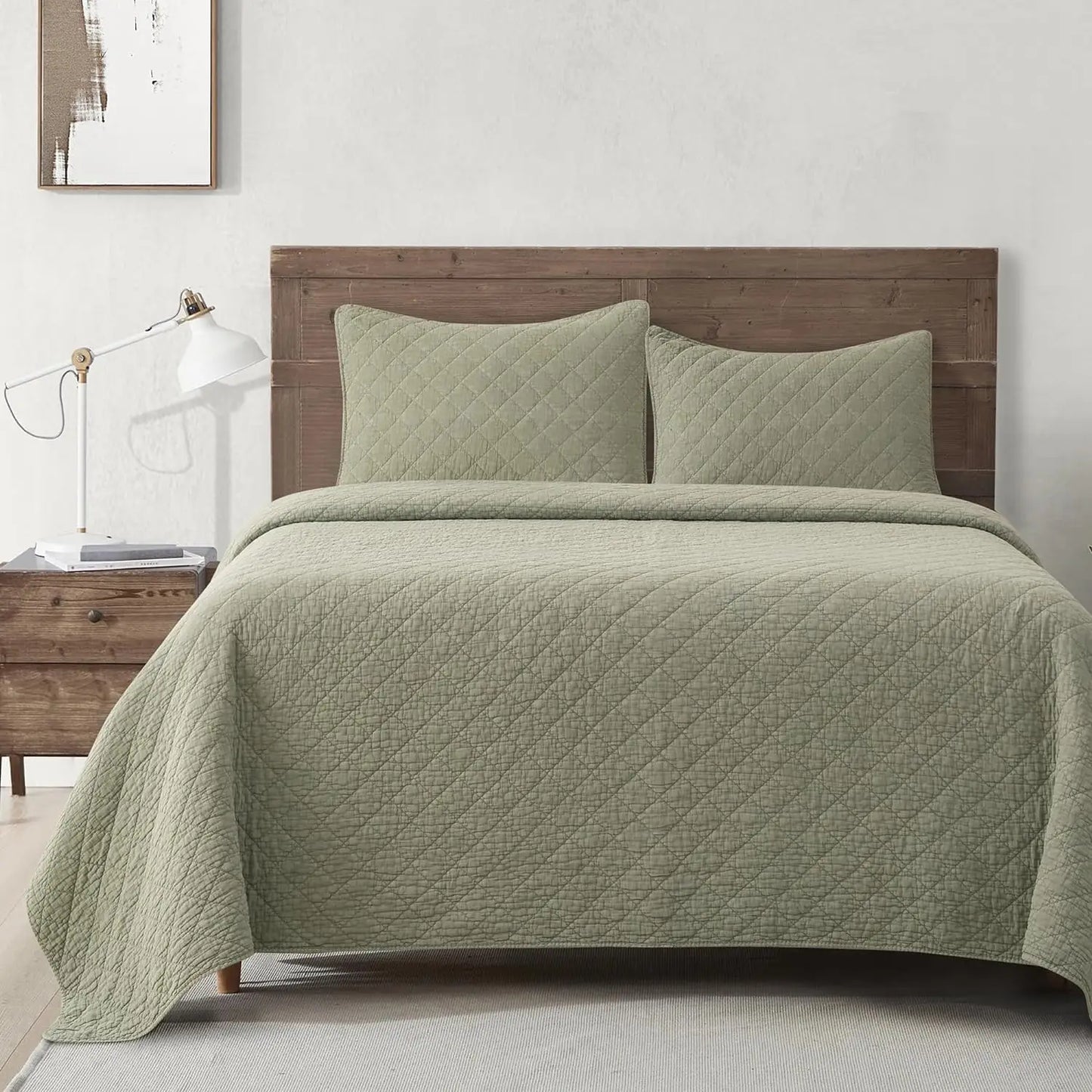 HiEnd Accents Stonewashed Cotton Gauze 3 Piece Quilt Set with Pillow Shams, Super King Size, Celadon Solid Color, Classic