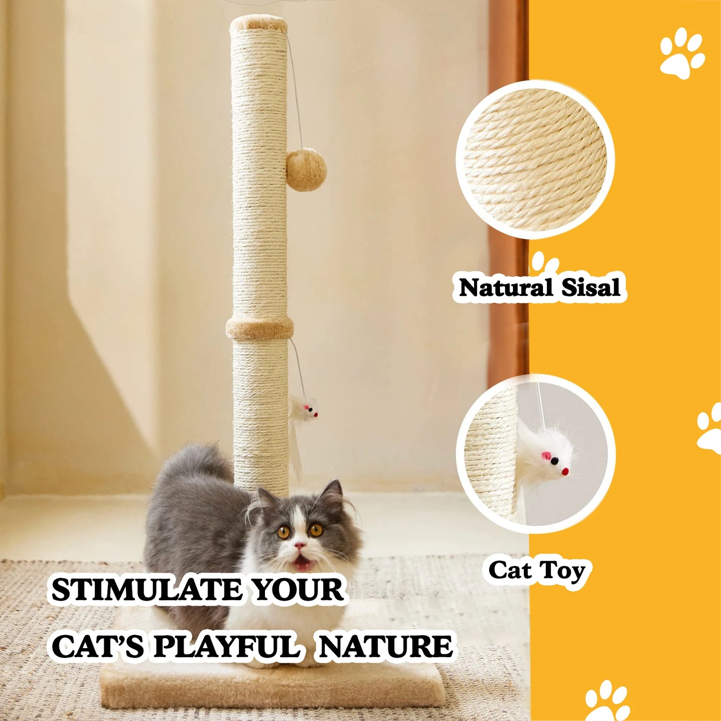 32" Tall Cat Scratching Posts For Indoor Cats Adults With 2 Hanging Ball, Large Cat Scratch Post Cat Scratcher Includes Sisal Ro