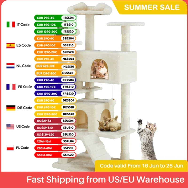 JHK 54in Tall Multi-Level Cat Tree Tower for Indoor Pet Furniture Stable Kitty Play House with Sisal Scratching Post for Home