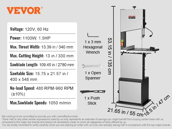 VEVOR 10/14Inch Band Saw 2-Speed Continuously Viable Benchtop Bandsaw with Optimized Work Light for Woodworking Aluminum Plastic