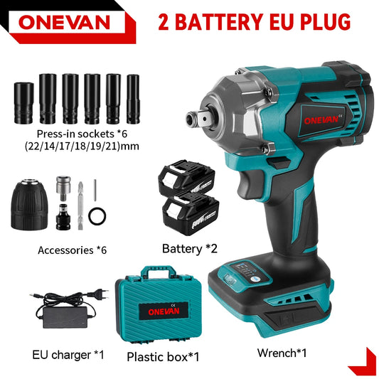 ONEVAN High Torque Brushless Electric Impact Wrench Cordless 1/2 inch Car Repair Screwdriver Power Tools for 21V 18V Battery