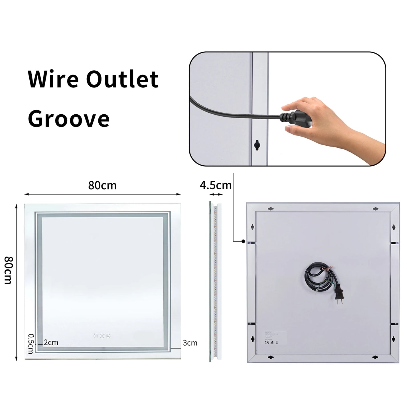 LED Square Wall Mirror IP65 Waterproof Dimmable Light Touch Sensor Demister Pad