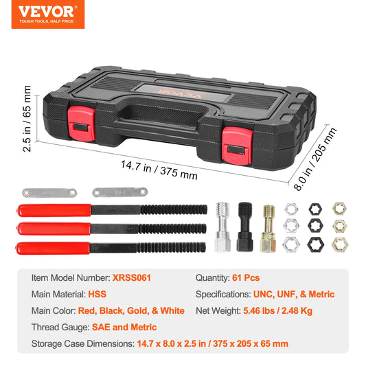 VEVOR Thread Chaser Set UNC UNF Metric Thread Restorer Tool Rethreading Tool Kit Heat Treated Steel for Mechanics DIY Enthusiast
