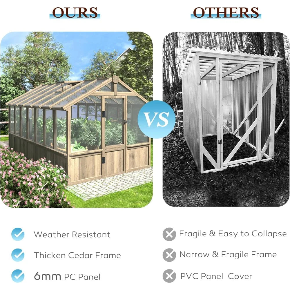 8' x 14' Wooden Greenhouse for Outdoor, Heavy Duty Green House with Ventilated Window and Lockable Door, Walk-in Greenhouse
