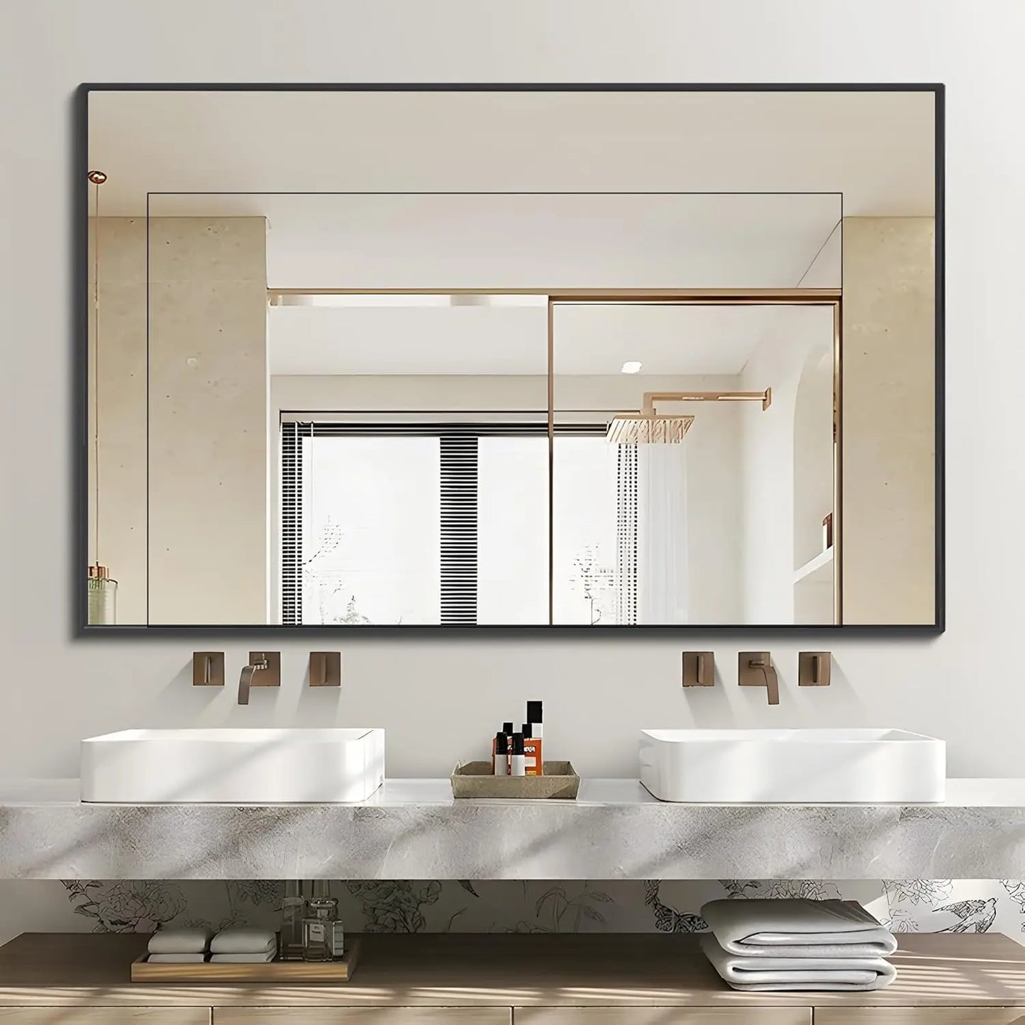 Black Bathroom Mirror Wall, 60x36 Inch Rectangle Mirrors with Metal Frame, Modern Vanity Wall Mirror Decor for Entryway Hangs