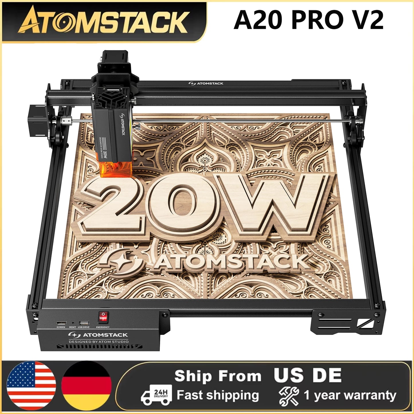 Atomstack A20 Pro V2 Laser Engraver 20W Quad Laser Cutter For Metal Acrylic Wood Glass Engraving Area 400x365mm