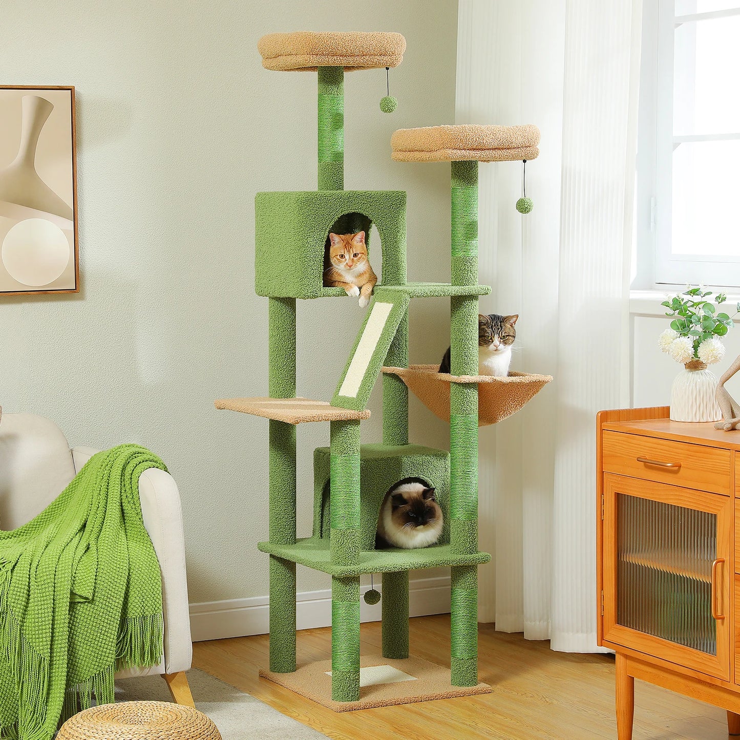 H180CM Large Cat Tree for Indoor Tall Tower for Cat Multi-Level Plush with Natural Sisal Scratching Post Condos Perches Hammock