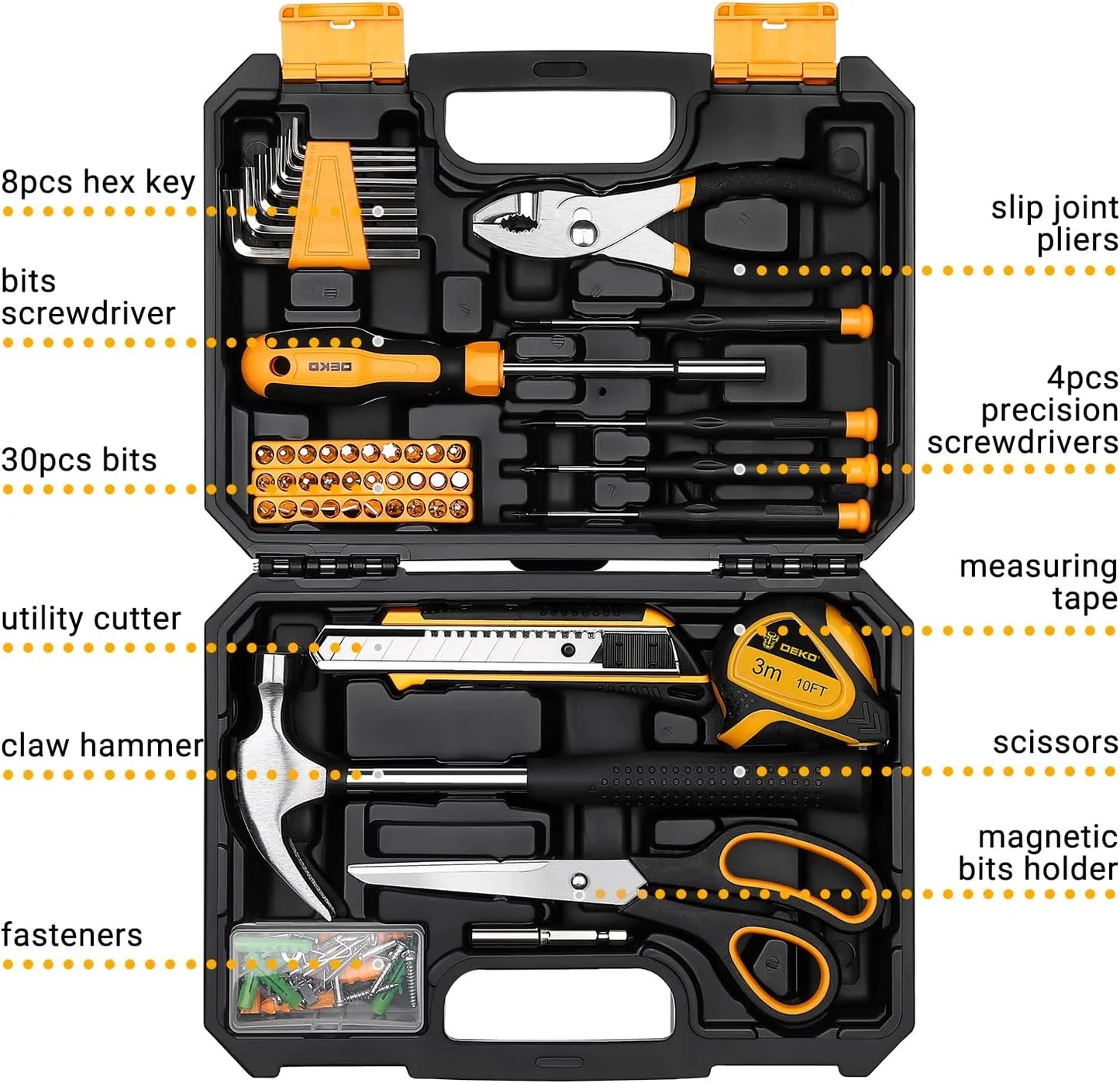 DEKO General Household Hand Tool Kit with Plastic Toolbox Storage Case, All Purpose Home Tool, 50 Piece