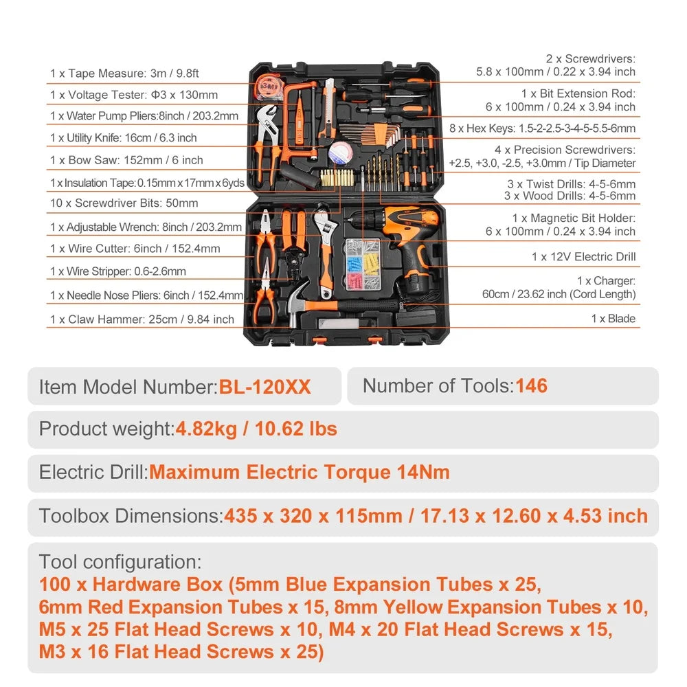 146 Piece Tool Kit Set Electric Drill Household Repair Tools Ergonomic Durable Steel Construction Portable Case DIY Projects