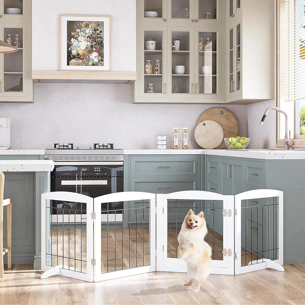 Freestanding Dog Gate with Walk Through Door Pet Safety Fence Stairs Doorways Indoor Use Multi-Panel Design Pet Playpen