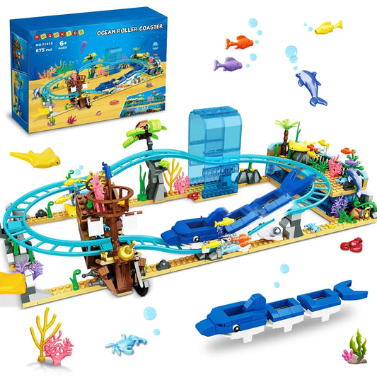 HOGOKIDS Ocean Roller Coaster Building Set- Aquarium with Pirate Ship & Dolphin Railcar Undersea Amusement Park Gift for Kids 6+