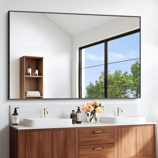 Black Bathroom Mirror Wall, 60x36 Inch Rectangle Mirrors with Metal Frame, Modern Vanity Wall Mirror Decor for Entryway Hangs