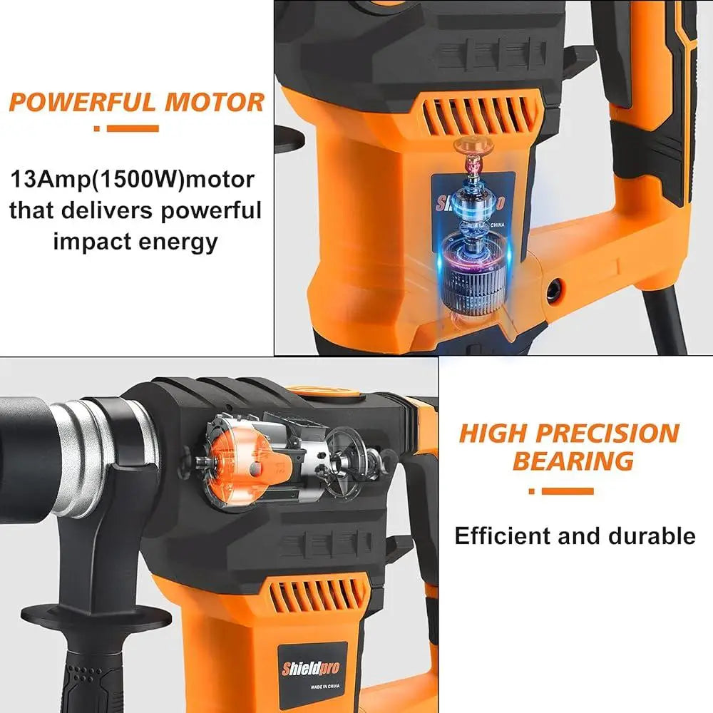 13 Amp SDS-Plus Rotary Hammer Drill Heavy Duty Vibration Control 3 Function Modes Chisel Bits Tool Masonry Concrete Metal