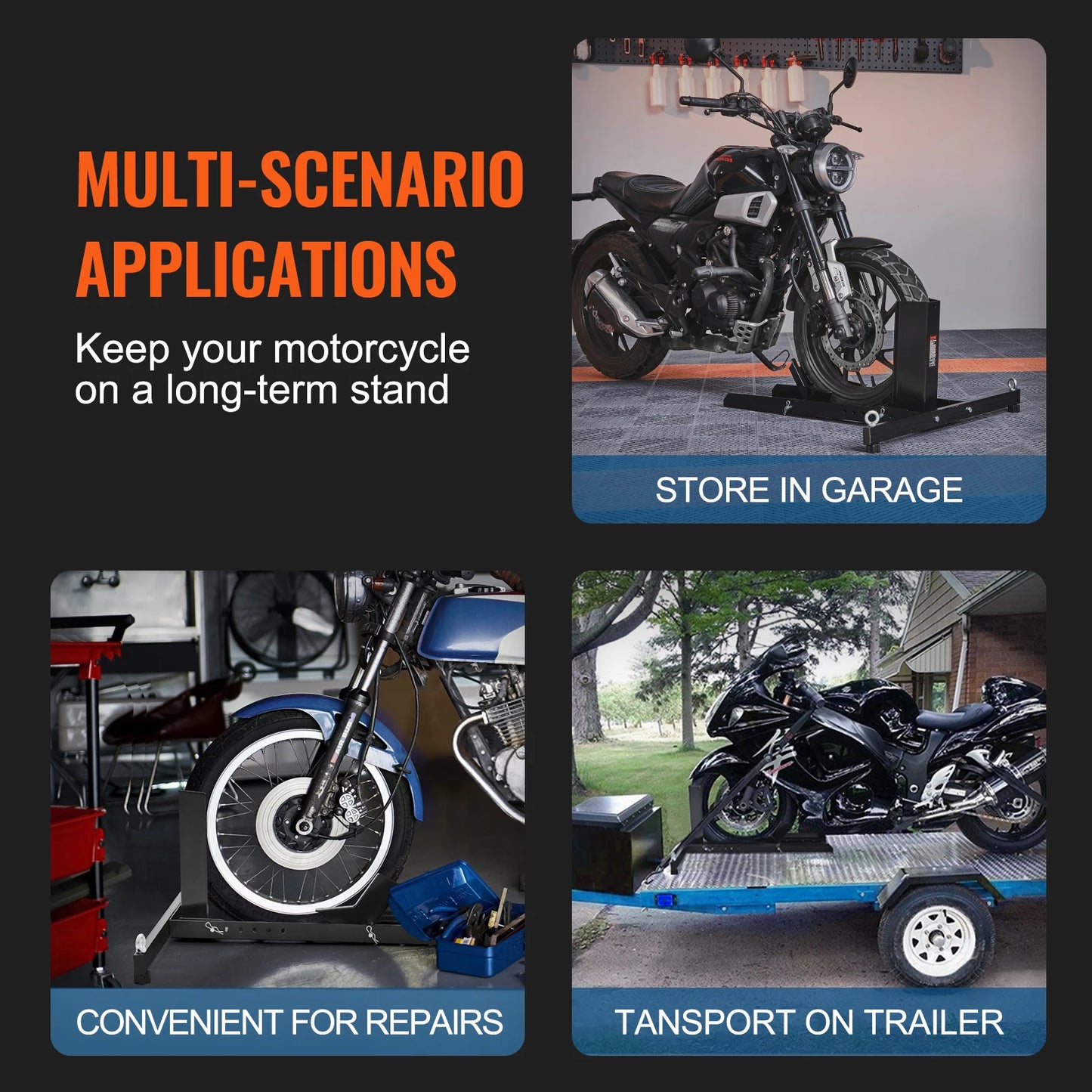 VEVOR Motorcycle Wheel Chock Upright 1800 lbs Heavy-duty Steel Motorcycle Front Wheel Stand with Adjustable Holes For Motorcycle