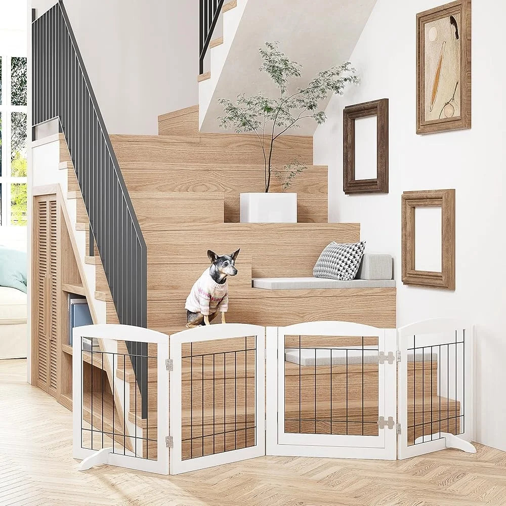 Freestanding Dog Gate with Walk Through Door Pet Safety Fence Stairs Doorways Indoor Use Multi-Panel Design Pet Playpen